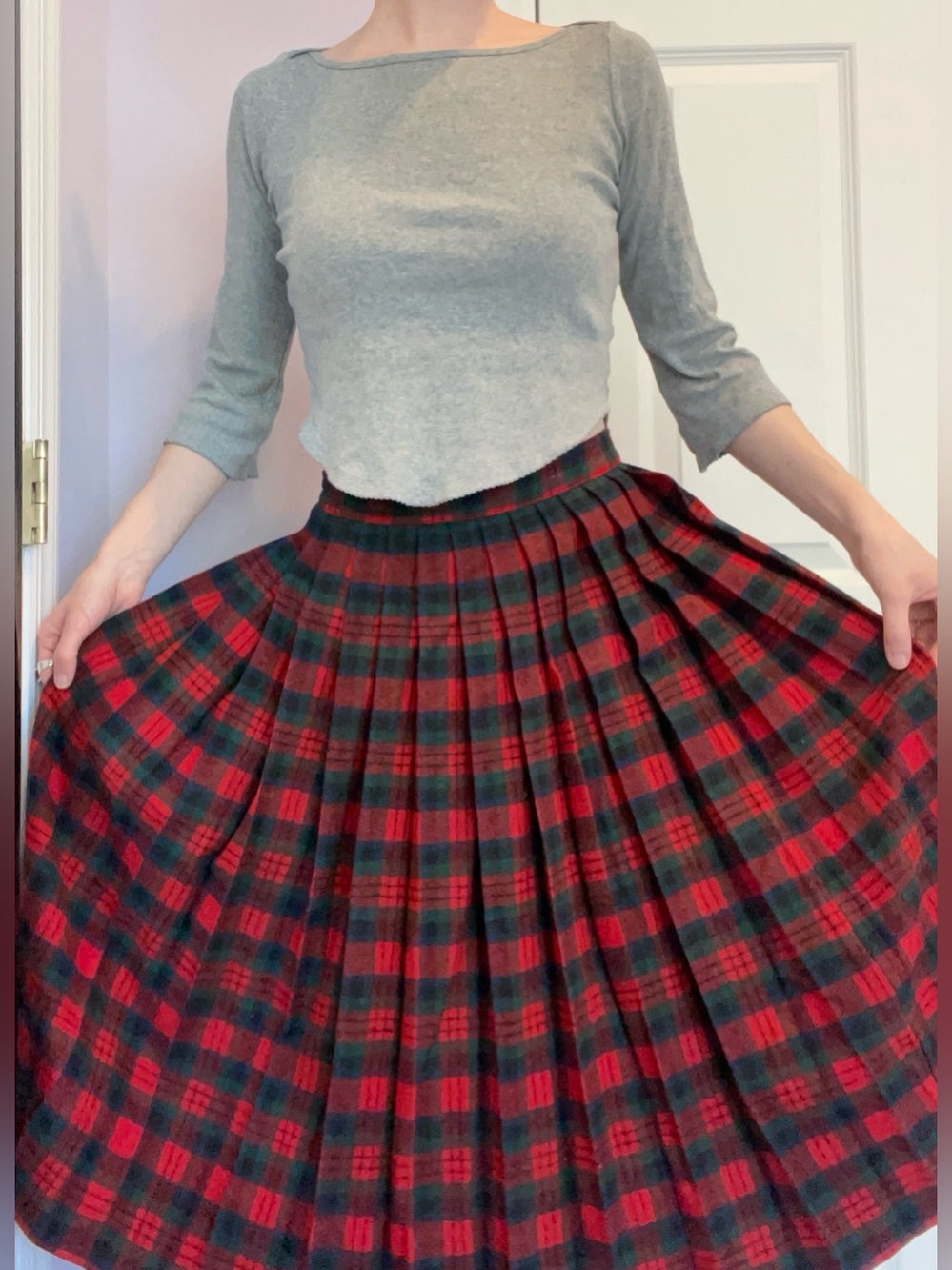 Red and Green Wool Tartan Accordion Skirt